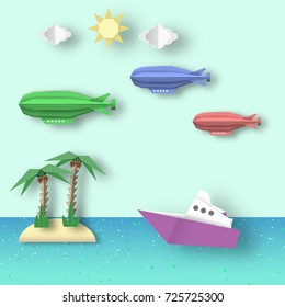 Paper Origami Airship Flies over the Sea and the Island. Vector Graphics Illustrations Art Design. Cut Landscape Scene. Kids Dirigible, Palm, Ship, Island, Clouds, Sun. Papercut Style. Cutout Trend. 