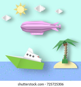 Paper Origami Airship Flies over the Sea and the Island. Vector Graphics Illustrations Art Design. Cut Landscape Scene. Kids Dirigible, Palm, Ship, Island, Clouds, Sun. Papercut Style. Cutout Trend. 