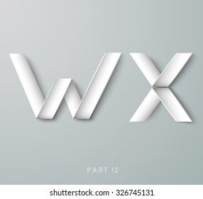 Paper Origami alphabet W X with shadows on a gray background