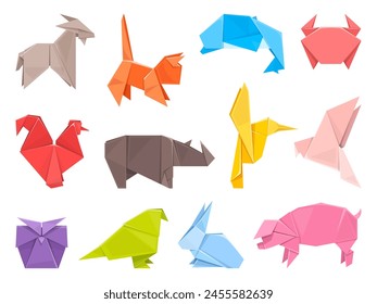 Papel origami de animales y aves. Hojas de colores dobladas, Formas decorativas de fauna, diseño simple de juguetes poligonales bajos, hobby y arte japonés, cerdo, gato y cangrejo, conjunto de Vector aislado plano de dibujos animados