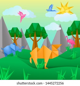 Paper origami animals landscape application paper background with bird, camel, flamingo, camel, clouds, trees, mountains. Kids template cut paper toy landscape. Vector illustration for card, poster