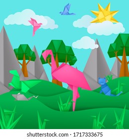 Piezas de papel de los animales de origami de papel de fondo con flamingo, pájaro, gato, nubes, árboles, montañas. Dibujo vectorial del origami de papel cortado para niños para tarjeta, afiche