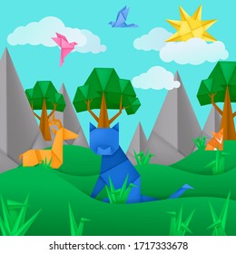 Paper origami animals landscape application paper background with cat, bird, fox, deer, clouds, trees, mountains. Kids template cut paper toy origami landscape vector illustration for card, poster
