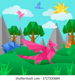 Pieza de papel de los animales de origami de papel de fondo con dragón, pájaro, zorro, elefante, nubes, árboles, montañas. Dibujo vectorial del origami de papel cortado para niños