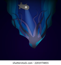 Paper Origami Art of Deep Sea Trench, submarine flashing a light underwater and a big tentacled monster. Paper cut-out underwater fantasy concept. Editable Vector Art.