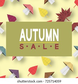 Paper Origami Autumn Sale Discount Card for Fall Offer. Cut Elements with Typographic Text illustrate the Advertising Voucher. Papercut Style. Cutout Trend. Vector Graphics Illustrations Art Design.
