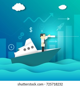 Paper Origami Businessman Looking for New Opportunities in the Telescope.The Ship Voyage on the Sea.  Business Concept. Cutout Template with Symbols, Icons. Vector Graphics Illustrations Art Design.
