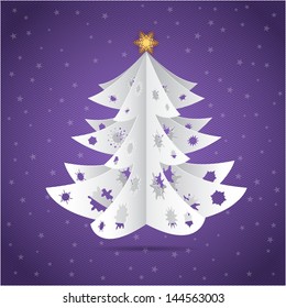 Paper origami christmas tree with snowflakes postcard
