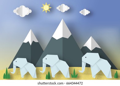 Paper Origami Concept, Applique Scene with Cut Elephants, Mountains, Clouds, Sun. Childish Cutout Template with Elements, Symbols. Toy Landscape for Card, Poster. Vector Illustrations Art Design.