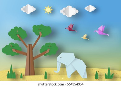 Paper Origami Concept, Applique Scene With Cut Elephants, Birds, Tree, Clouds, Sun. Childish Cutout Template With Elements, Symbols. Toy Landscape For Card, Poster. Vector Illustrations Art Design.