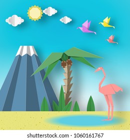 Paper Origami Concept Landscape with Flamingo, Birds, Palm, Sun, Sky, Volcano. Papercut Applique Style and Cutout Artistic Trend. Summer Scene with Elements, Symbols. Vector Illustrations Art Design.