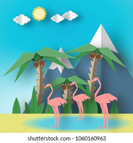 Paper Origami Concept Landscape with Pink Flamingo, Palm, Sun, Sky, Mountain. Papercut Style and Cutout Trend. Summer Exotic Applique Scene with Elements, Symbols. Vector Illustrations Art Design.