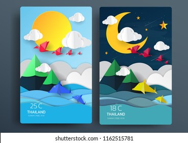 Paper Origami concept. sea with day and night, dolphins, birds, moon, sun, stars and clouds. paper art style. vector illustrations.