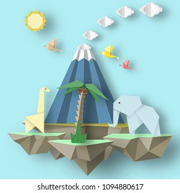 Paper Origami conceptual composition with soars islands on which there are elephant, erupting volcano, giraffe, tree. Cutout template with elements, symbols for cards. Vector Illustrations Art Design.