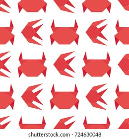 Paper origami crab vector flat illustration fresh seafood background seamless pattern red marine life animal character