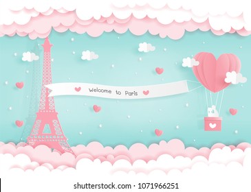 Paper origami with Eiffel tower and heart balloons with couple in love, Paris France travel poster and advertising, pastel color paper art. Vector illustration.