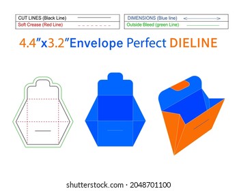 Paper origami envelope design and gift box origami card 4.4x3.2 inch dieline template and 3D envelope editable easily resizable