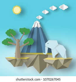 Paper Origami fashion concept with flying islands on which there are elephant, erupting volcano, tree. Exotic fancy park. Vector Illustrations Art Design.