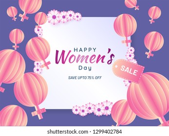 Paper origami of female sign and 75% discount offer on purple background for Women's Day sale poster or banner design.