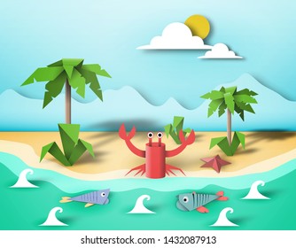 Paper Origami Fish, Crab, Creative Elements, Artistic Summer Composition, Cut Landscape World, Amazing Made Template with Style Symbols for Banner, Card, Poster, Eps10 Vector Illustration - Vector