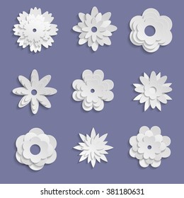 Paper origami flowers on violet  background