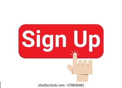 Paper Origami Hand Pressing Sign Up Button On White Background. Vector Illustration
