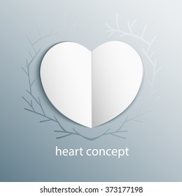 Paper origami heart concept in branch frame. Vector Heart on Frozen glass  backround with ice floral ornament. Shape of isolated vector carved heart.