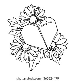 Paper origami heart with love message and flowers, contour image for design and illustration.