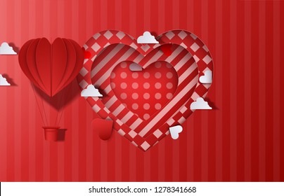 Paper origami of heart shapes hot air balloons.Valentines day background. Vector abstract heart. Paper art cut. Origami concept. Love illustration. For web and print, wallpaper, cards, flyers