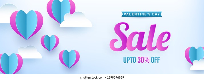 Paper origami of heart shapes on cloudy background, Valentine's Day sale banner design with 30% discount offer.