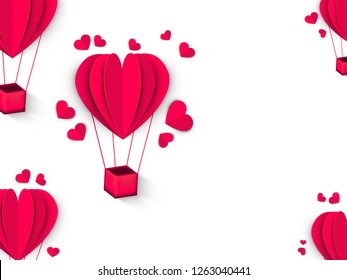 Paper origami of hot air balloons with tiny heart shapes decorated on white background for love concept.