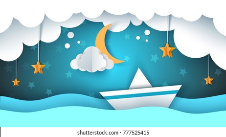 Paper origami illustration. Ship, cloud, star moon Vector eps 10