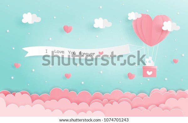 ハート風船と看板を空 にぶら下げた愛のコンセプト バレンタイン ウエディングカードを紙切りのベクター画像にした紙の折り紙 のベクター画像素材 ロイヤリティフリー