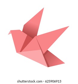 Paper origami pink bird isolated on white vector flat illustration.