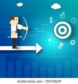 Paper Origami Precise Businessman Aiming at Target. White Arrow Pointing Forwards.  Business Concept. Cutout Made Template with Symbols, Icons. Vector Graphics Illustrations Art Design.