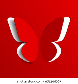 Paper origami red butterfly with shadow, vector icon