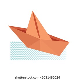 Paper origami ship on the waves, ready-made illustration in vector on a white background.