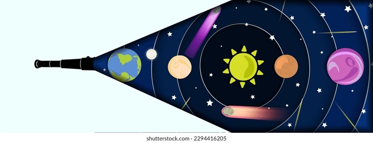 Paper Origami Solar System seen from a telescope. Planets, moon, Earth, Sun, stars, comets, meteor. Astrology, astronomy, outer space. Colorful Outer space illustration design banner. Vector. EPS