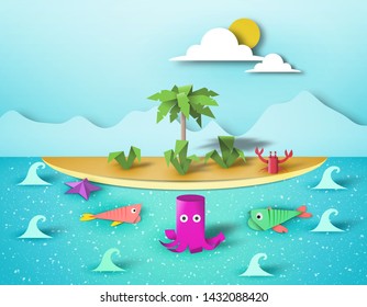 Paper Origami Summer Scene, Childish Creative 3D Elements, Artistic Summer Composition, Made Template with Style Symbols for Banner, Card, Poster, Cut Island World, Eps10 Vector Illustration - Vector