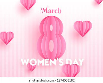 Paper origami of text 8 march with heart shapes on pink stripe background for Women's Day poster or greeting card design.