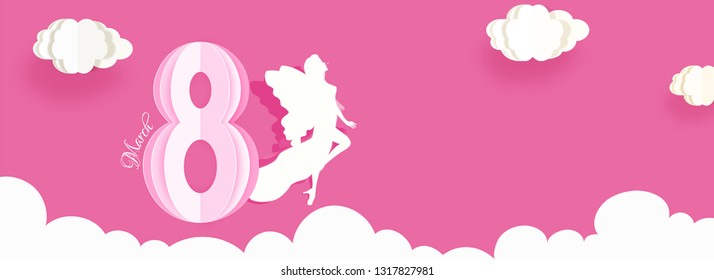 Paper origami text 8 march with beautiful girl character on pink background for Happy Women's Day celebration. Advertising header or banner design.