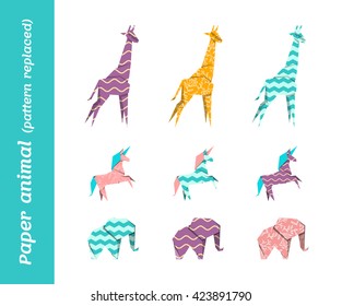 Paper origami vector animals with replaced patterns