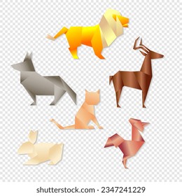 Paper origami vector illustration, lion, wolf, deer, cat, rabbit, chicken, realistic design. Eps 10