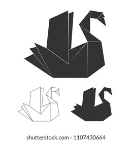 Paper origami vector swan isolated on white background. Black swan logo set illustration