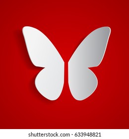 Paper origami white butterfly on red background, vector icon