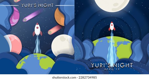 Paper Origami Yuri's Night Poster Set. Paper cutout of solar system and outer space with Earth and rocket ship. Vector Illustration. EPS 10.