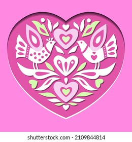 Paper ornament, pattern with birds on the background of a pink heart. Paper cutting and crafting style. Greeting card, invitation, poster for Valentine's Day, Mother's Day, Woman, Wedding, Love.