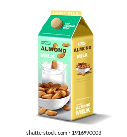 Paper package Almond milk with splashing liquid and seeds on isolated background, vector illustration