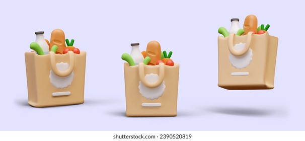 Paper package with different food inside in different positions. Poster tasty bread, milk and green vegetables inside. Online supermarket delivery. Vector illustration on purple background