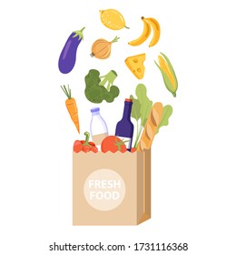 Paper package with fresh food and drink products. Vegetables, fruit, cheese, baguette, dairy products. Vector illustration on white background.